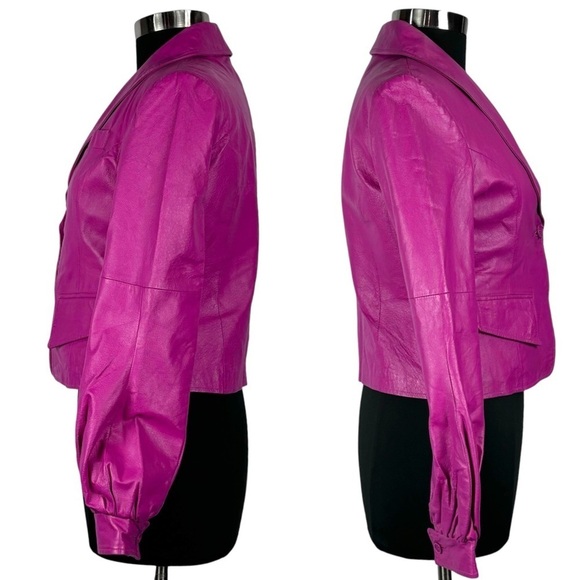 METRO STYLE Y2K HOT PINK LEATHER PUFF SLEEVE TAILORED BARBIE BLAZER JACKET - Picture 7 of 15